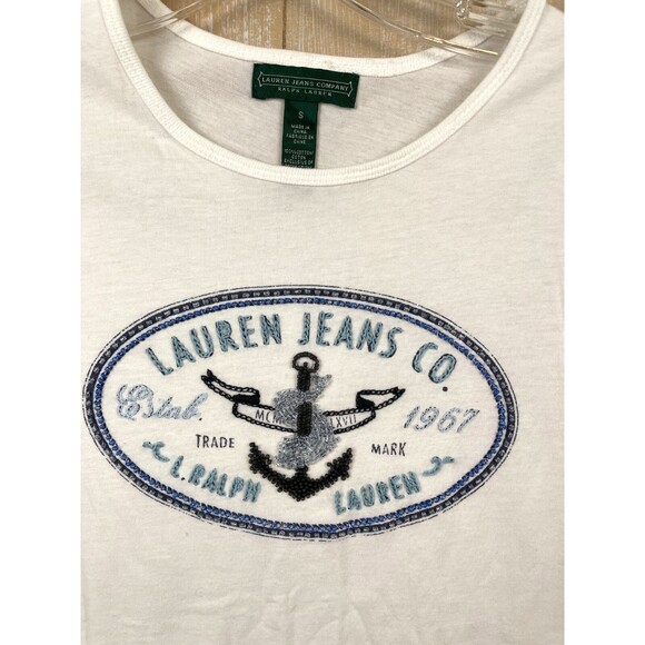 Lauren Jeans Co. Women's Size S White T-shirt Logo Beaded Anchor Ralph Lauren - Picture 3 of 6